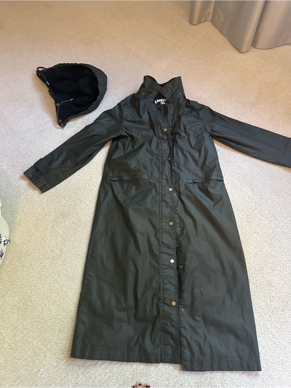 Lands' End Olive Green Long Trench Coat with Detachable Hood